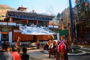 The Gumpa dance is a special dance celebrated around the time of Losar, the Tibetan New Year. Pictured here in Lachung monastery, North Sikkim, Sikkim, India.